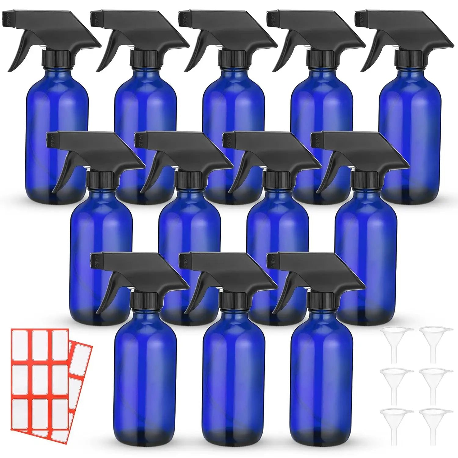 Norme 12 Pcs 8 oz Glass Spray Bottles with Funnels and Labels Refillable Cosmetic Empty Spray Bottles with Sprayer Containers for Essential Oil Cleaning Solutions(Blue,Classic) by GreenHaven Gardens