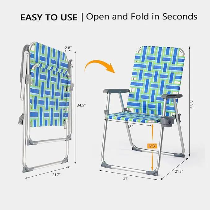 VINGLI Aluminum Patio Lawn Chairs Folding Set of 2 with Detachable Cup Holder, Webbed Beach Chair Folding Chair Outdoor Portable Camping Chair for Yard, Garden Blue alulawnchair by GreenHaven Gardens