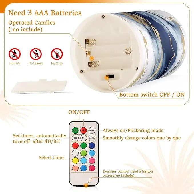 Flickering Flameless Candles, Drak Blue Golden Marble LED Candles with Remote Timer, Set of 2 Battery Operated Candle for Valentine Wedding Birthday by GreenHaven Gardens