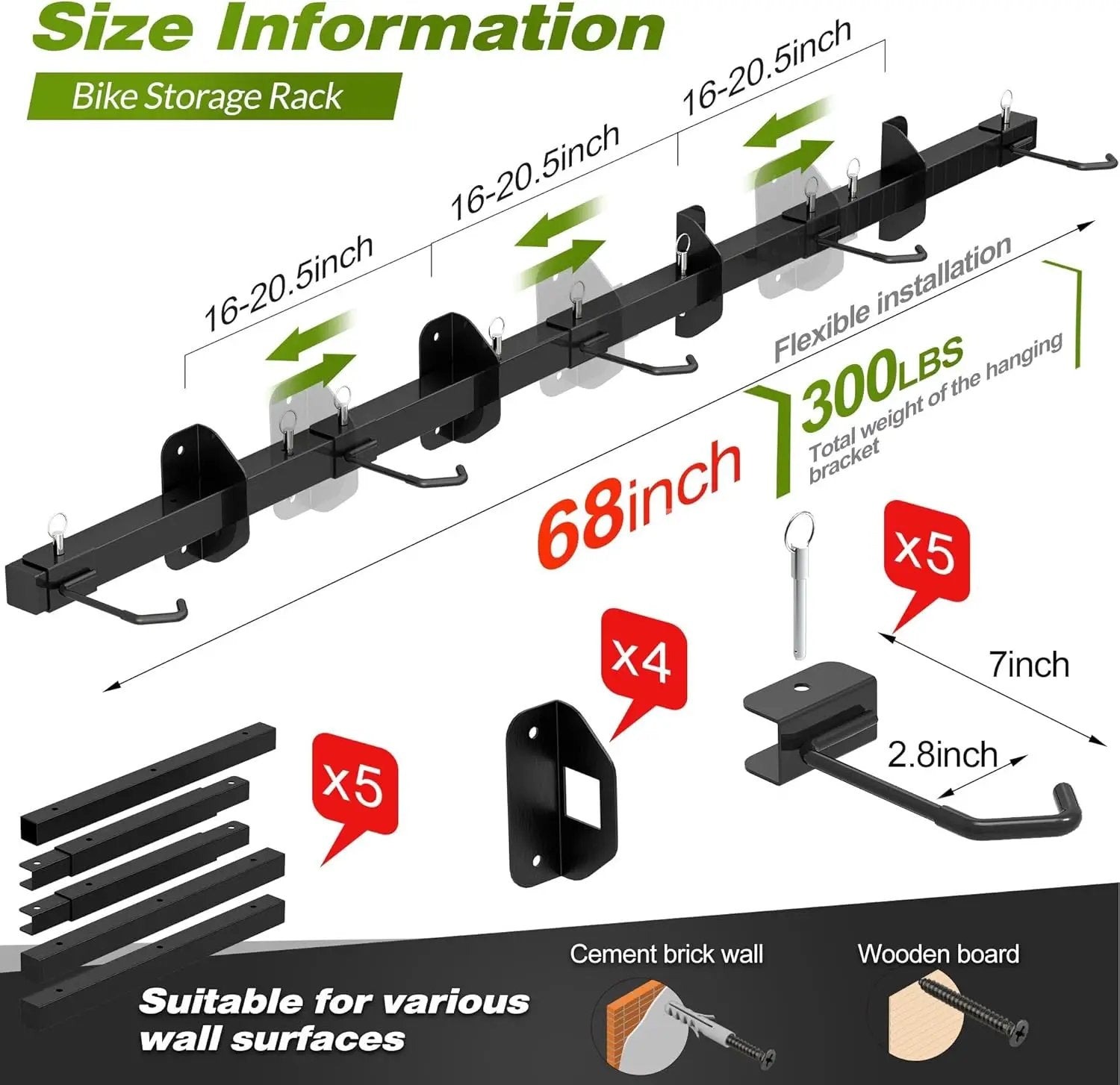 Bike Storage Rack, Garage Wall Mount Hanger, Indoor Bicycle Organizer with Adjustable Hooks for Home and Garage, 67-inch Cycle Stand Holds 5 Bikes, Wall Bike Stand Up to 300lbs by GreenHaven Gardens