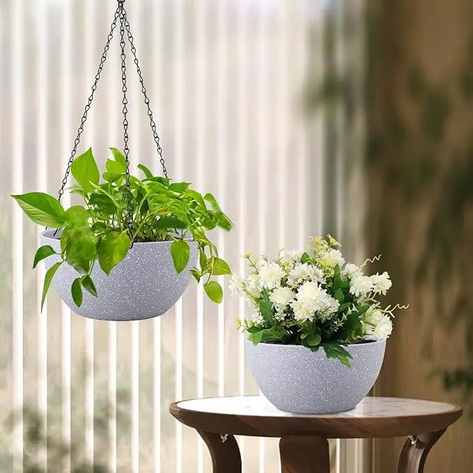 8 inch Small Hanging Planters for Indoor Outdoor Plants, 2 Pack Hanging Flower Pots with Drainage Holes and Chain for Garden Porch, Plastic Hanging Baskets for House Plants, Speckled Grey by GreenHaven Gardens