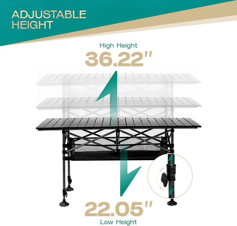 Height Adjustable Camping Table Tall Large Outdoor Folding Camping Table with Wide-Base Anti-Sink Legs & Carry Bag for Camping BBQ Beach Backyard (Black) by GreenHaven Gardens