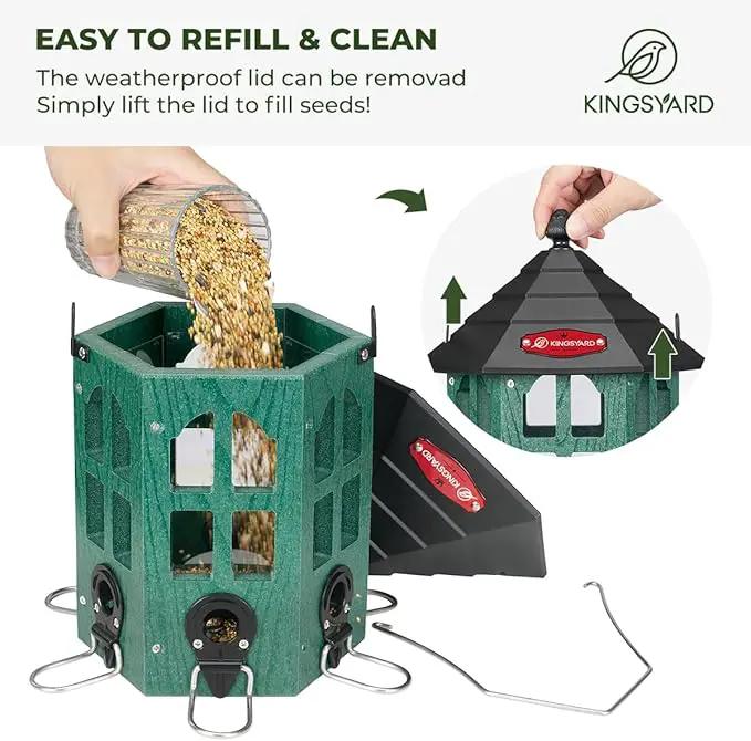 Kingsyard Wild Bird Feeder for Outdoor Hanging, Recycled Plastic Bird Feeders with 6 Ports & U-Shape Perch, Garden Yard Outside Decoration, 3.5 lbs Seed Capacity, Green by GreenHaven Gardens