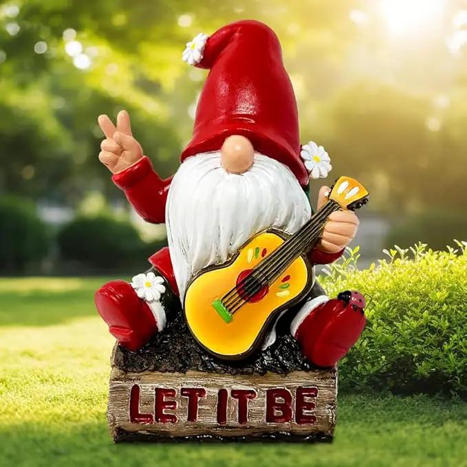 Hippy Gnome with Guitar Garden Statue, Unique Flowers and Peace Sign by GreenHaven Gardens