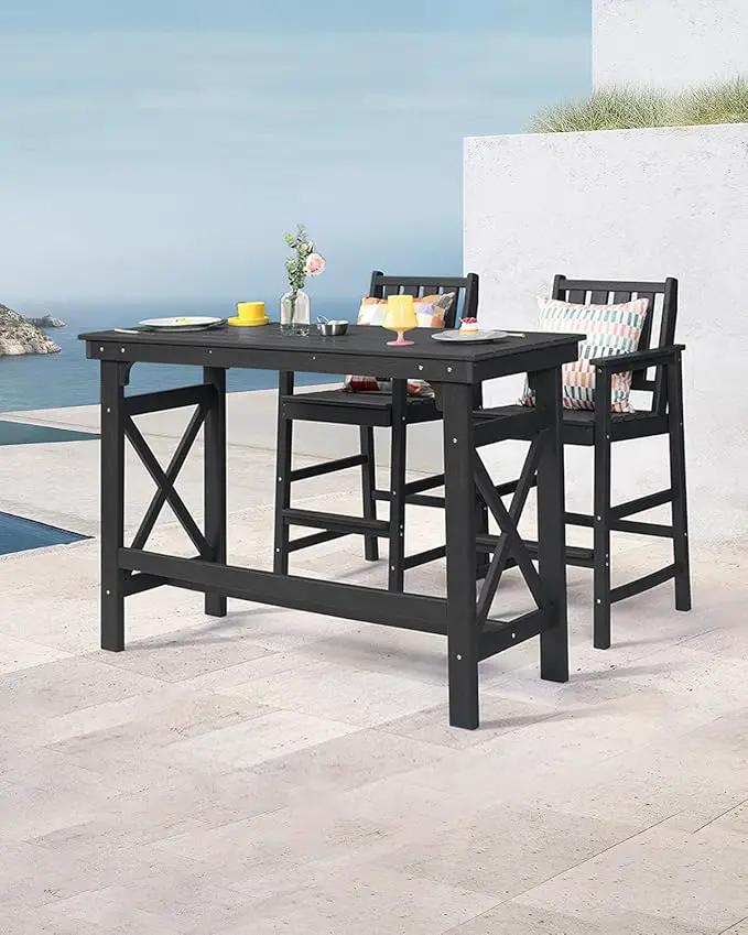 3 Pieces HDPE Outdoor Bar Table and Chairs Set, Tall Adirondack Chairs Set of 2 with Rectangular Bar Table, Patio Bar Stools Set, HDPE Outdoor Patio Bar Set for Balcony, Porch, Deck, Obsidian by GreenHaven Gardens