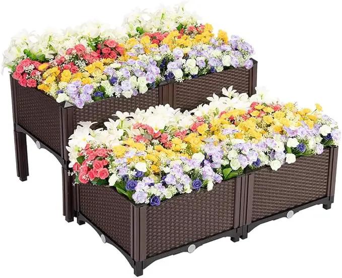 VIVOHOME 4 Packs Elevated Plastic Raised Garden Bed Planter Kit, Outdoor Planters Above Ground Flower Vegetable Standing Box for Patio Deck Porch W/Drainage Holes by GreenHaven Gardens