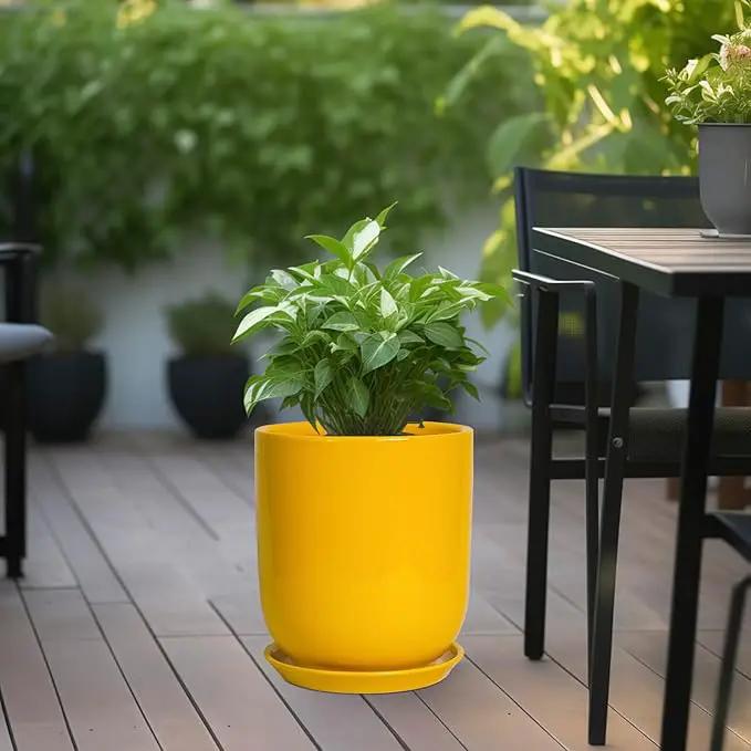 Ceramic Pot for Plants - 10 Inch Plant Pot Indoor with Drainage Hole and Saucer Large Planter for Outdoor Plants Cylinder Decorative Flower Pot Yellow by GreenHaven Gardens