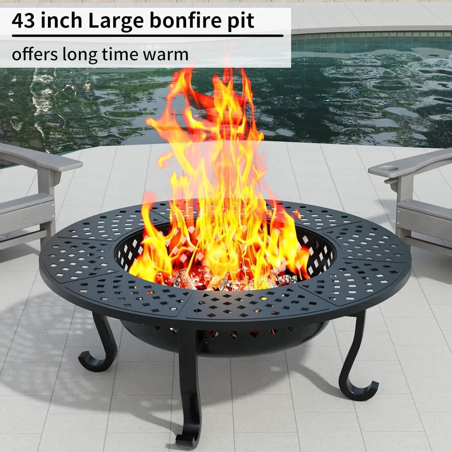 43 Inch Fire Pit with 2 Grill for Outside, Outdoor Wood Burning Firepit with Lid, Metal Round Table for Backyard Patio Garden Picnic Camping Bonfire, Black by GreenHaven Gardens
