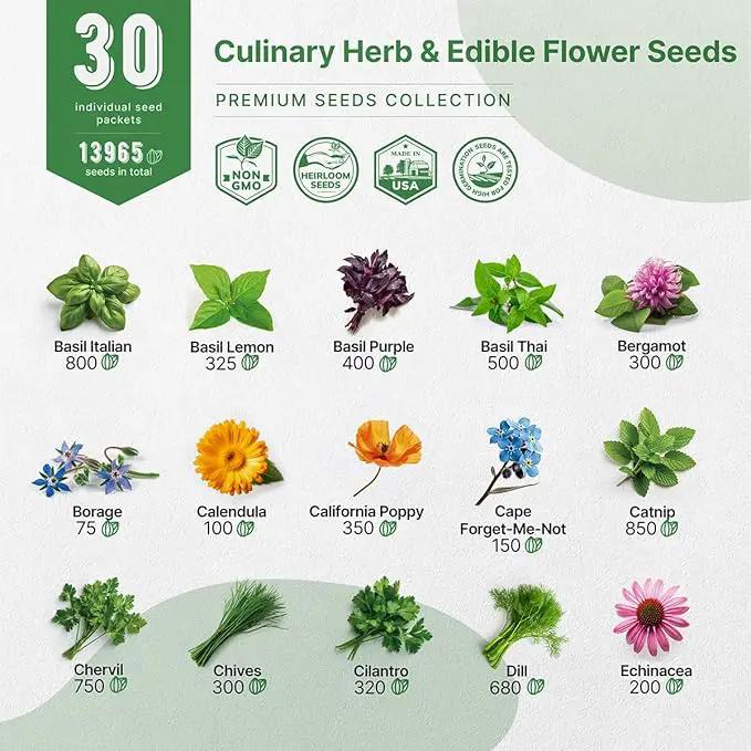 Organo Republic 30 Culinary Herbs & Edible Flower Seed Variety Pack- Indoor/Outdoor. 14000+ Non-GMO Heirloom Flower Seeds: Basil, Borage, Echinacea, Lavender, Oregano, Rosemary Seeds & More by GreenHaven Gardens