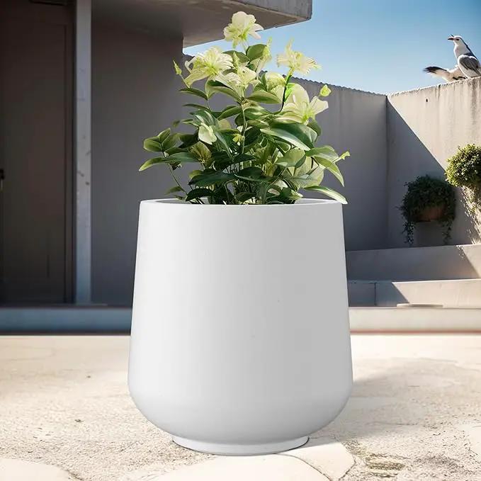 Kante 15.3" Dia Round Concrete Planter, Outdoor Indoor Large Plant Pots Containers with Drainage Hole and Rubber Plug for Home Garden Patio, Snow White by GreenHaven Gardens