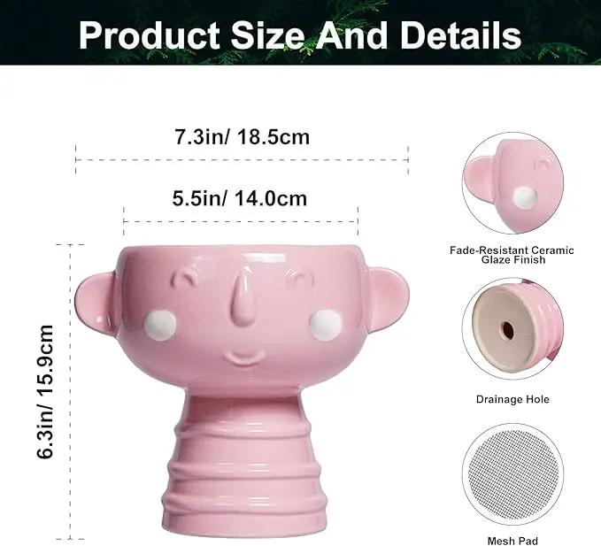 Smiley Face Planter - 7 Inch Ceramic Head Planter for Indoor Outdoor Plants, Cute Succulent Pots with Drainage Hole, Decorative Flower Pots, Home Room Desk Decor, Birthday Gifts, Bright Pink by GreenHaven Gardens