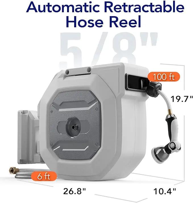 5/8" x 100 ft Heavy Duty Retractable Garden Hose Reel by HOZEREEL, Outdoor Garden Hose Reels - Self Retract Wall Mount Hose Reel Automatic Storage, 10 Pattern Nozzle, Grey by GreenHaven Gardens