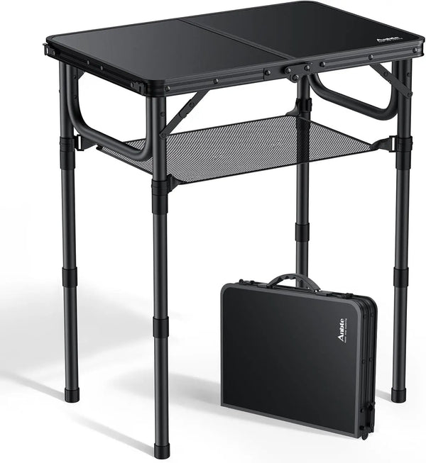 Folding Camping Table with Storage Net, Pure Black Aluminum 2ft Picnic Table 23.2" x 16" Outdoor Table Adjustable Height Max 27.5", Lightweight, Waterproof, Portable Handle for Travel Cooking