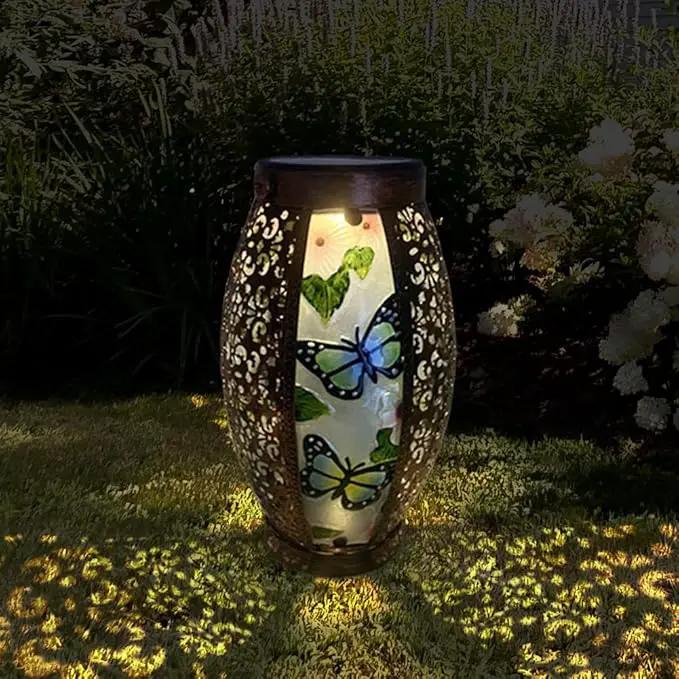 Butterfly Solar Lanterns Glass & Metal Hanging Light Outdoor Waterproof Tabletop Lamp with Hollowed-Out Design for Garden Patio Table Decor by GreenHaven Gardens