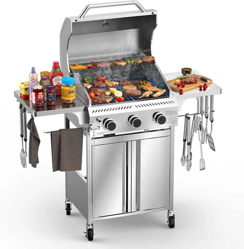 3-Burner Gas Grill with Folding Side Tables,Stainless Steel 24,000 BTU BBQ Grill,Outdoor Propane Grill for Barbecue,Patio,Camping by GreenHaven Gardens
