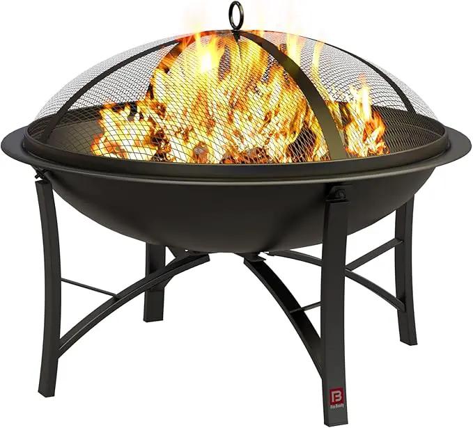 Fire Beauty Fire Pit for Outside Wood Burning,BBQ Grill Steel Fire Bowl with Spark Screen Cover,Log Grate,Poker for Camping Beach Bonfire Picnic Backyard Garden by GreenHaven Gardens