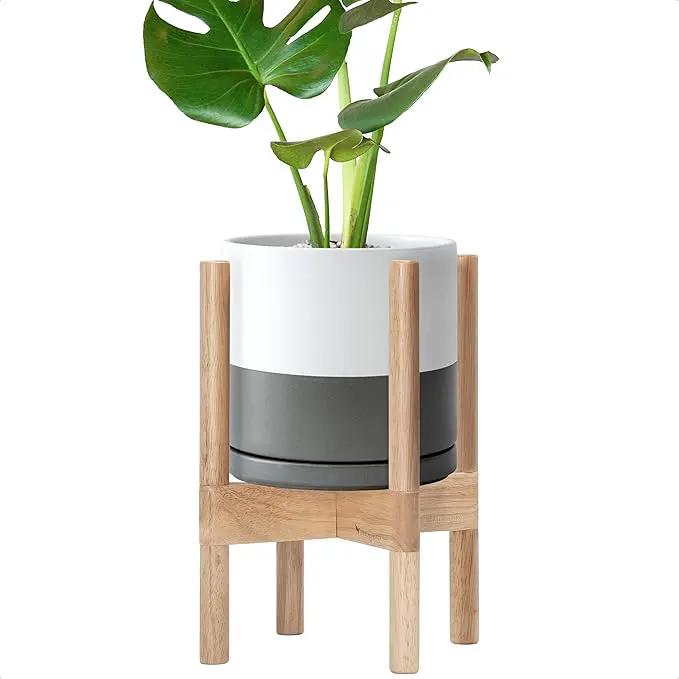 D'vine Dev Ceramic Planter with Natural Stand - 8 Inch Modern Round Flower Pot with Wood Planter Holder, White/Grey, 55-B-N-6 by GreenHaven Gardens