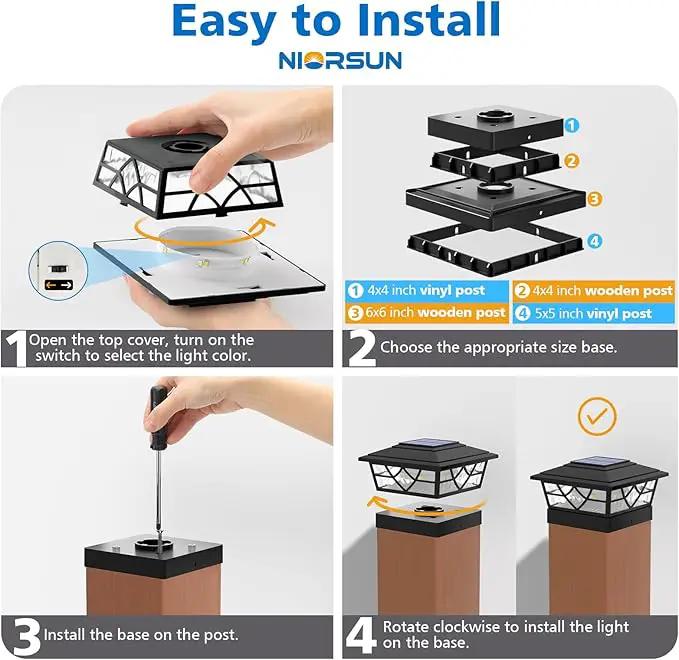 NIORSUN Solar Post Lights Outdoor 4 Pack, 2 Modes LED, Deck Fence Post Solar Lights for 3.5x3.5 4x4 5x5 5.5x5.5 Caps Patio Garden Decoration, Black by GreenHaven Gardens