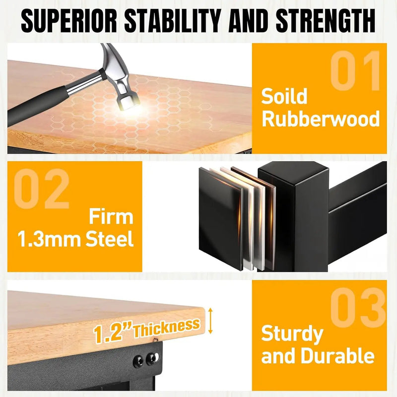 Adjustable Height Work Bench 48×24 Workbench for Garage with Under Table Shelf Heavy Duty Rubber Wood Work Table for Shop Woodworking, Office, Home, Commercial by GreenHaven Gardens