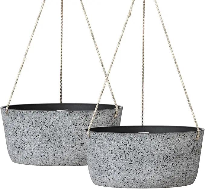 La Jolie Maison Large Hanging Planters - 12 Inch Outdoor Flower Pots, Rock Gray Hanging Garden Planters Set of 2 by GreenHaven Gardens