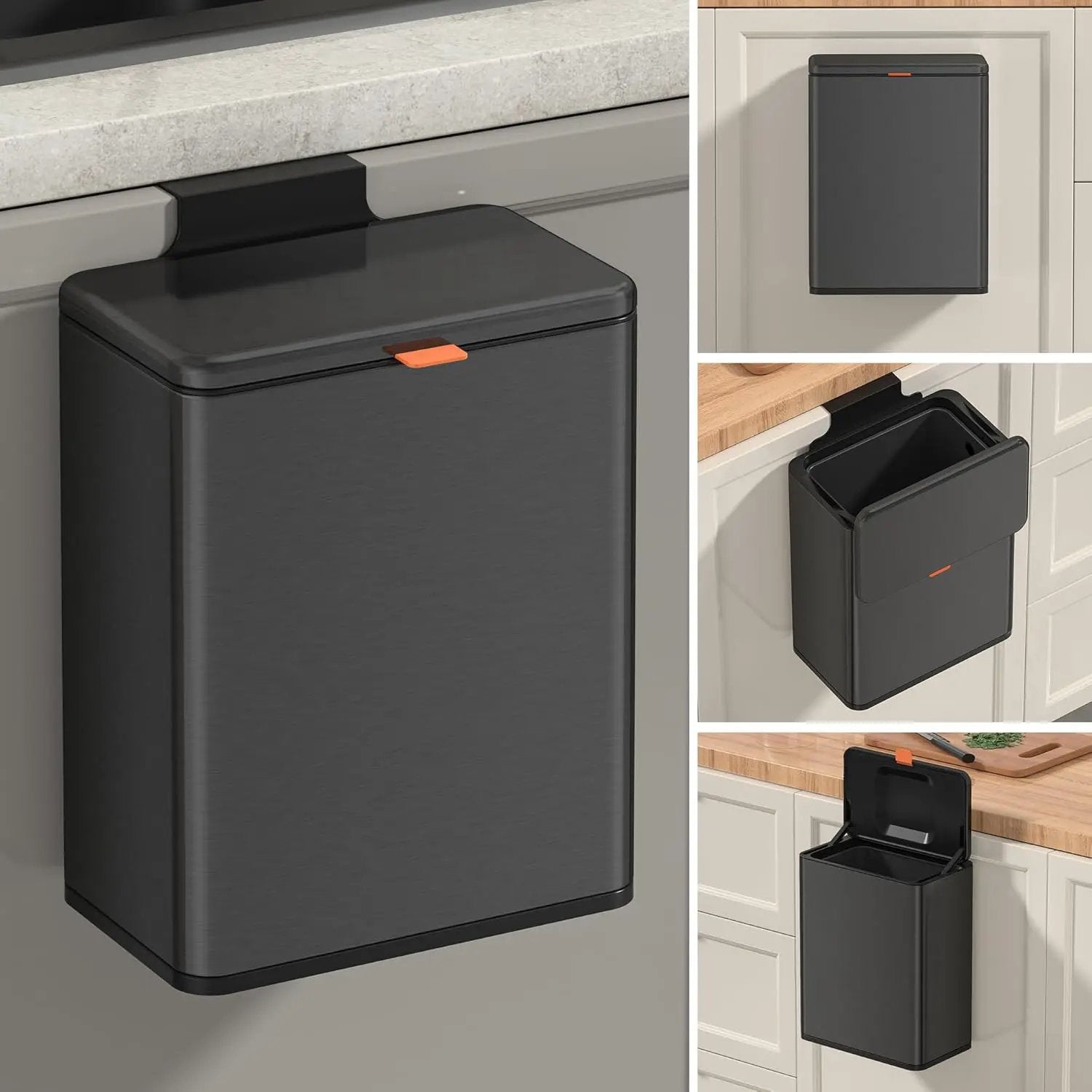 Mbillion Kitchen Compost Bin Hanging Trash Can with Lid 2.1 Gallon Stainless Steel Garbage Can for Kitchen Cabinet Door Mounted Trash Can Under Sink Door RV Bathroom,Brushed Black by GreenHaven Gardens