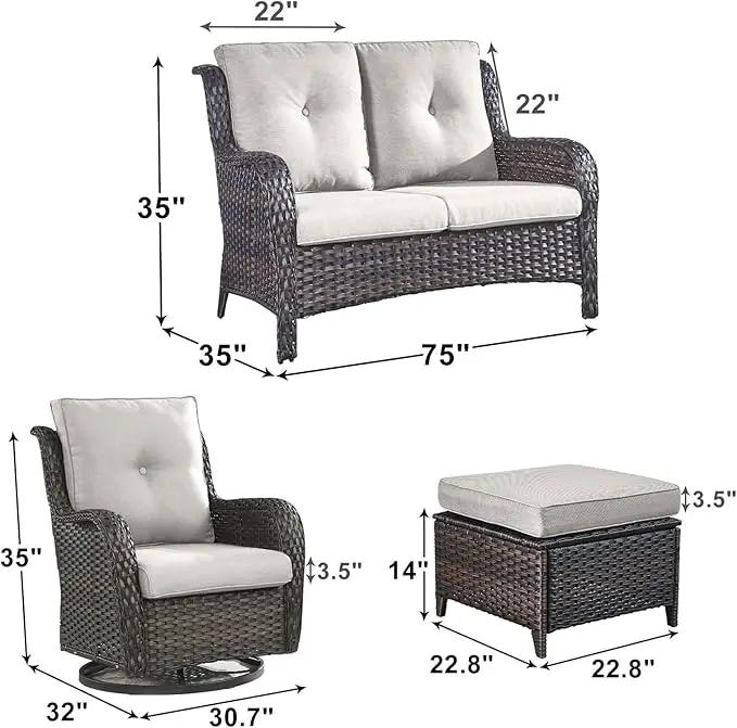 Outdoor Wicker Patio Furniture Set - 5 Piece Rattan Patio Conversation Set with 2 Rocking Swivel Chairs,2 Ottomans and 1 Loveseat for Porch Deck Backyard Garden(Brown/Beige) by GreenHaven Gardens