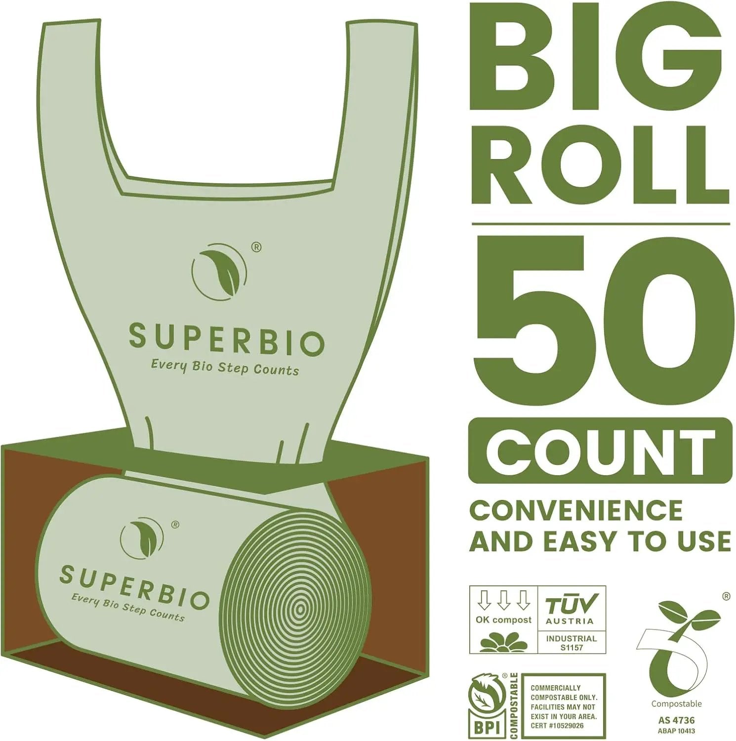 SUPERBIO 1.6 Gallon Handle Tie Compostable Food Scrap Bags For Counter Top Compost Bin, Small Compost Bags, 50 Count, 6 Liter, BPI & OK compost INDUSTRIAL Certified by GreenHaven Gardens