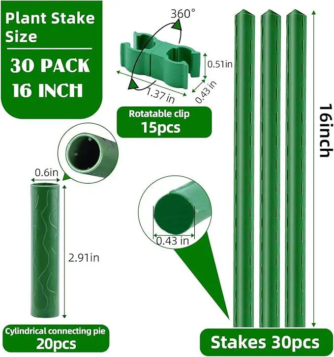 Garden Stakes 16 Inch 30 Pack, Diy 4ft 5ft 6ft 7ft 8ft Tomato Stakes Plastic Coated Metal Plant Sticks Stakes Supports with 20 Connectors 15 Rotatable Clips for Indoor Outdoor Plants Vegetable by GreenHaven Gardens