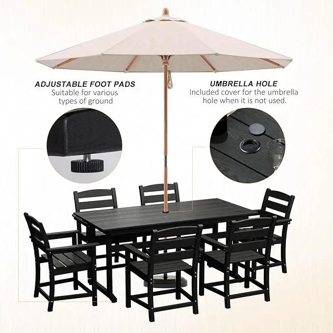 7pcs Outdoor Dining Set, HDPE Patio Dining Set for 6, All-Weather Outdoor Table and Chairs with Umbrella Hole & Adjustable Pads, Modern Patio Furniture Set for Backyard, Poolside &Lawn (Black) by GreenHaven Gardens