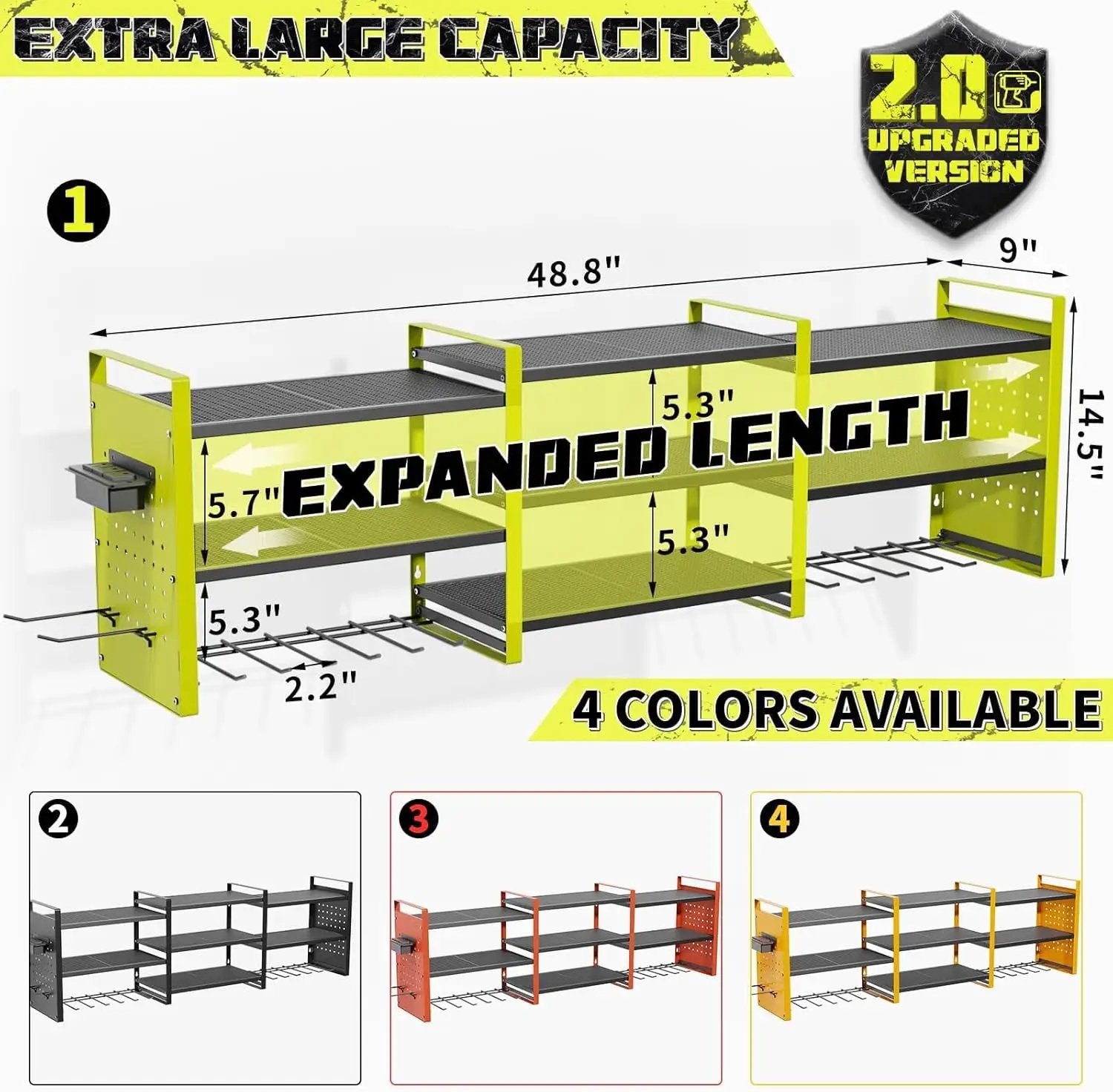 Power Tool Organizer with Charging Station Wall Mount, 3 Layer Expanded Heavy Duty Garage Organization, 48.8 Inch Length Garage Tool Storage, 4 Drill Slot, 16" Standard Hole, Green by GreenHaven Gardens