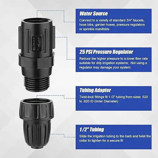 2 Sets Drip Irrigation Pressure Regulator 25PSI & Faucet Adapter Kit, 3/4" Hose Thread Water Pressure Regulator 1/2" Drip Irrigation Tubing Adapter for Drip Irrigation System by GreenHaven Gardens