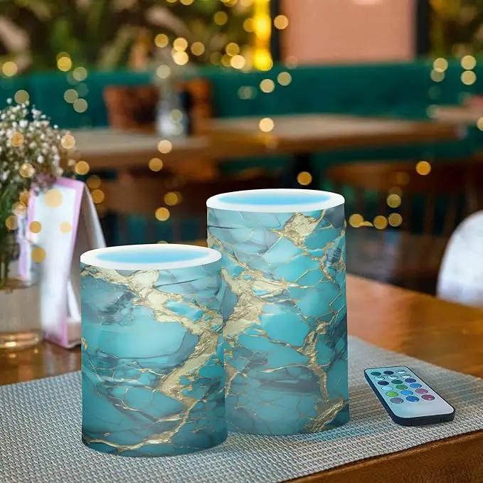 Flickering Flameless Candles, Turquoise Golden Marble LED Candles with Remote Timer, Set of 2 Battery Operated Candle for Valentine Wedding Birthday by GreenHaven Gardens