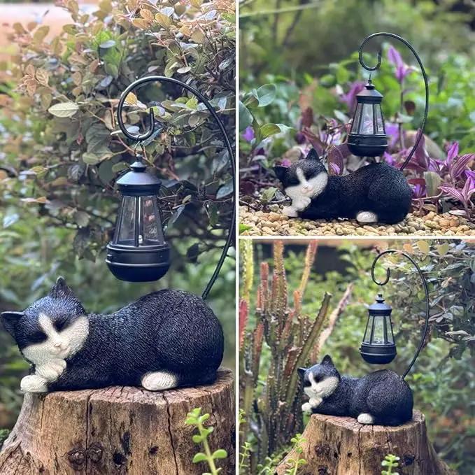 Garden Statue Solar Cat Figurine with Solar Lantern, 13" Tall Cat Statue Resin Kitten Yard Art, Cat Statues Outdoor Statue Decoration for Whimsical Lawn, Porch, Balcony, Housewarming Gifts for Mom by GreenHaven Gardens