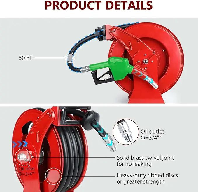 Fuel Hose Reel with Fueling Nozzle, 3/4" x 50FT Retractable Diesel Hose Reel, 300 PSI Industrial Heavy Duty Auto Swivel Rewind Hose Holder Reels, for Vehicle Tank Truck Trailer Ship by GreenHaven Gardens