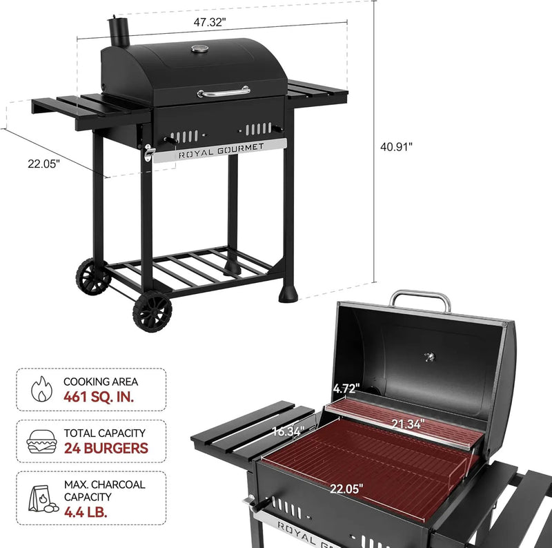 Royal Gourmet CD1824ET Movable Charcoal BBQ Grill with Foldable Side Tables, Outdoor Barbecue Grill with 470 Sq. In. Cooking Area for Outdoor Picnic and Camping Grilling, Black by GreenHaven Gardens