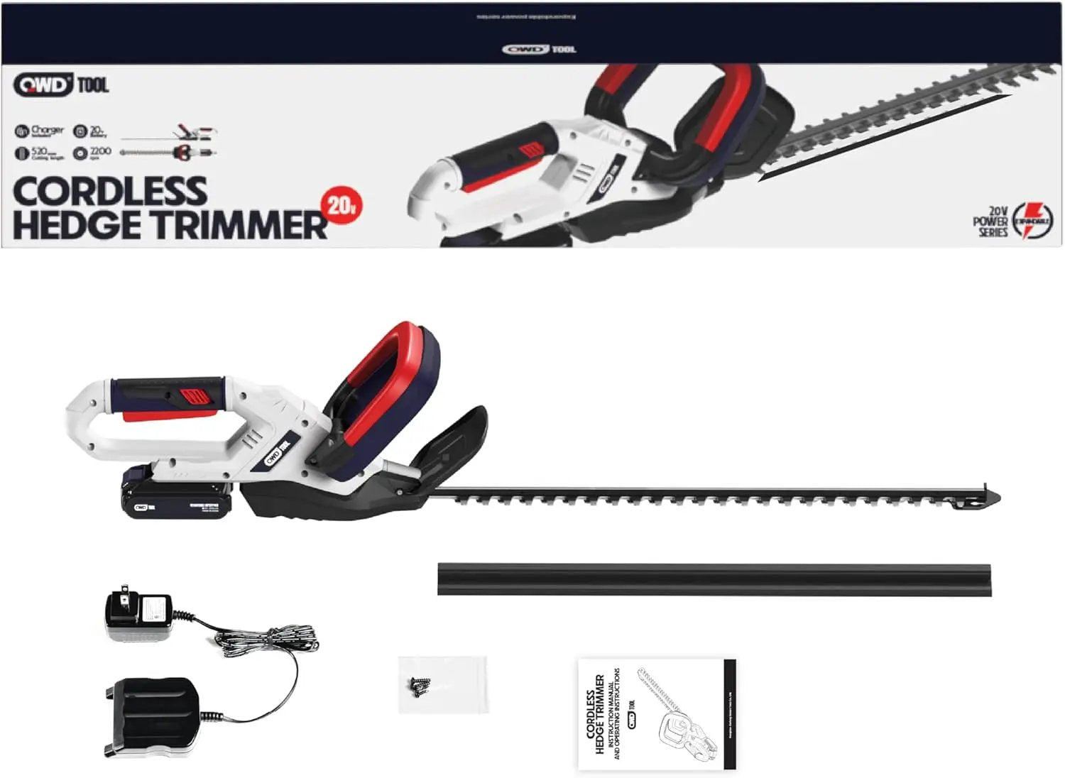 QWD 20v Cordless Hedge Trimmer Powered by Battery(Battery & Charger Included) with 20-Inch Blade & 40-Min Runtime,2200 cuts/Min,Lightweight Aluminum Body for Home Garden by GreenHaven Gardens
