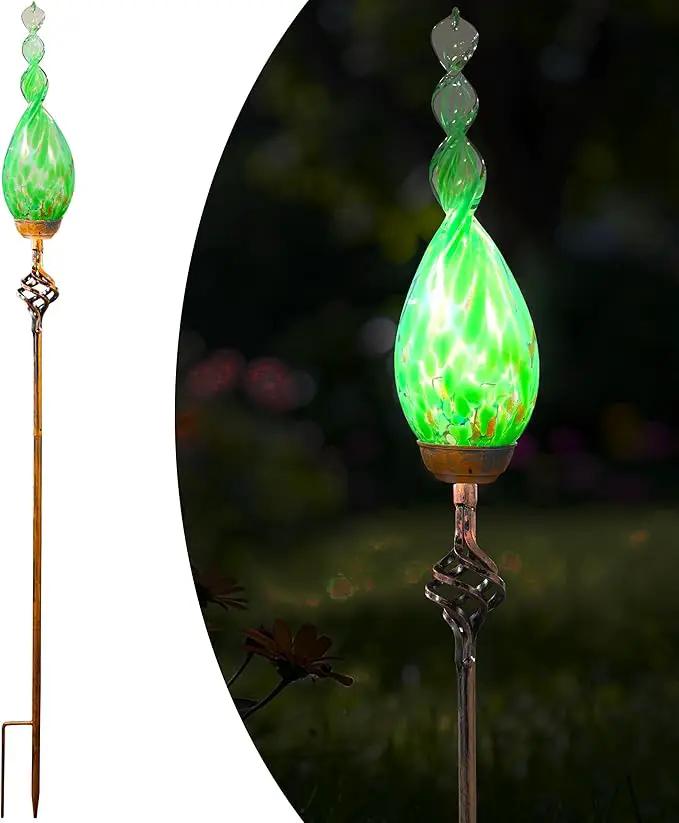 Solar Garden Lights, Decorative LED Flame Garden Stakes, Hand Blown Glass and Outdoor Waterproof Glass Stakes (Green) by GreenHaven Gardens