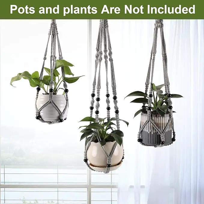 3-Pack Macrame Plant Hanger Indoor - Hanging Planter Basket for Indoor Outdoor - Decorative Boho Plant Holders Set with Beads - Ceiling Flower Pot Holder with 6 Hooks - 35"/30"/24" Gray by GreenHaven Gardens