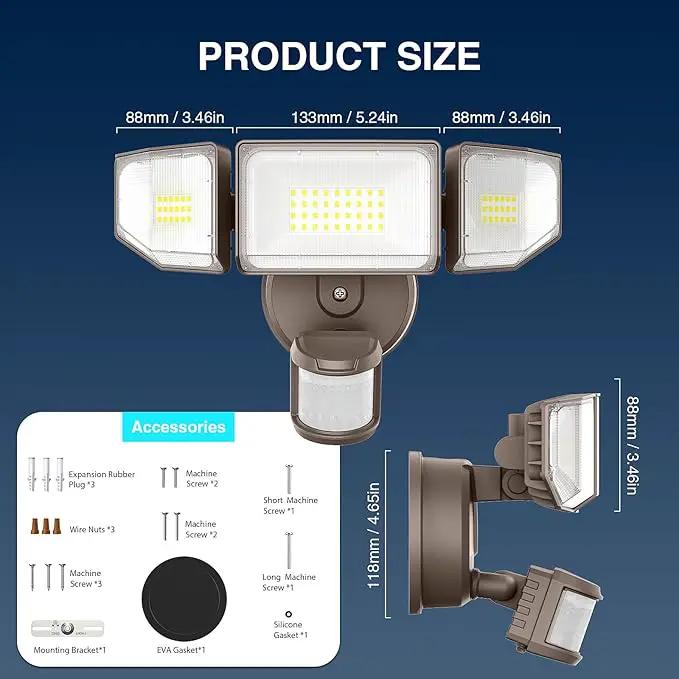85W LED Security Lights Motion Sensor Light Outdoor, 8500LM Dusk to Dawn, IP65 Waterproof, 6500K, 3 Head Motion Detected Flood Light, Floodlight for Outside, Garage, Yard, Porch (Brown) by GreenHaven Gardens