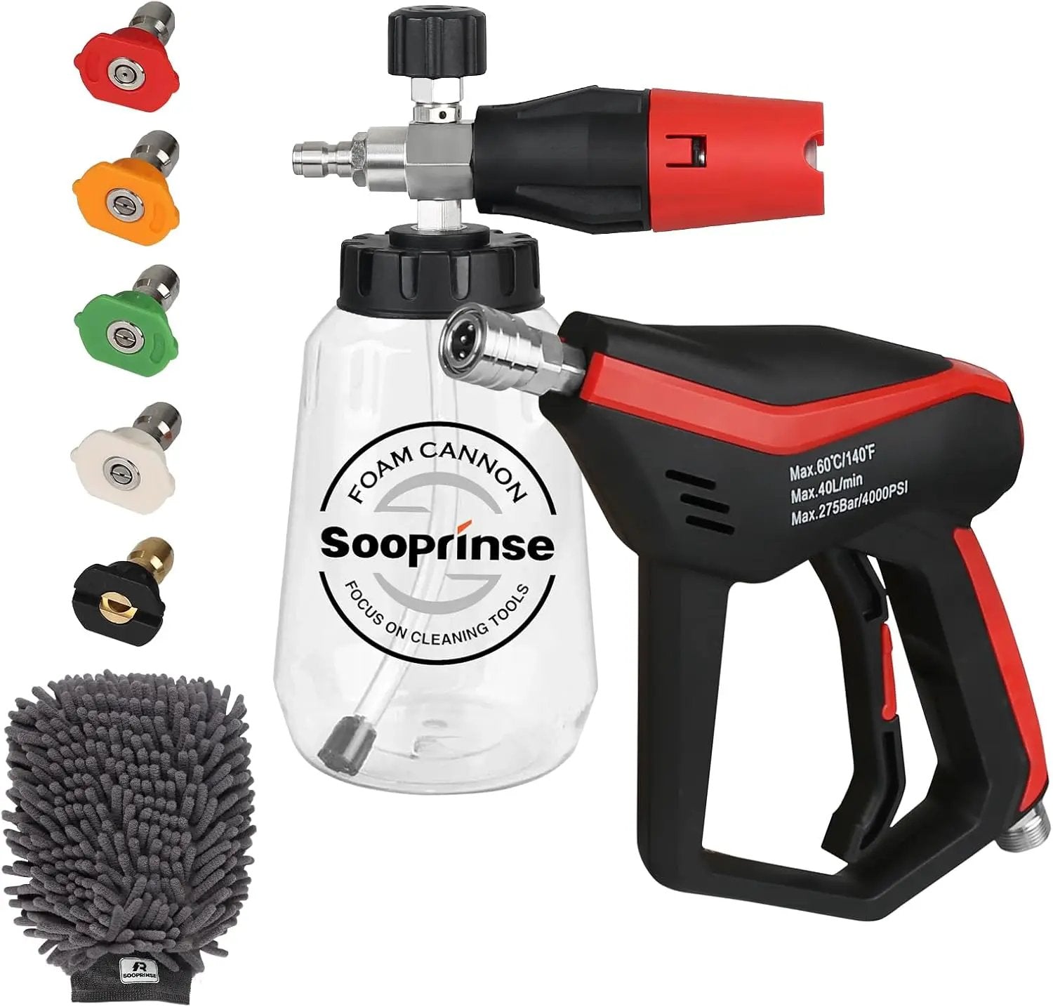 Sooprinse Short Pressure Washer Gun with Foam Cannon, Foam Cannon for Pressure Washer, 1/4 Inch Quick Connector, 5 Nozzle Tips with Car Wash Mitt, 1 Liter by GreenHaven Gardens
