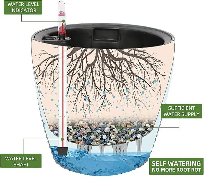 Dexceder 9x8 Inches Rattan Self Watering Planter Indoor Outdoor, Inner Pot Design, Thickened Table Flower Plant Pot with Water Level Indicator (Deep Gray) by GreenHaven Gardens