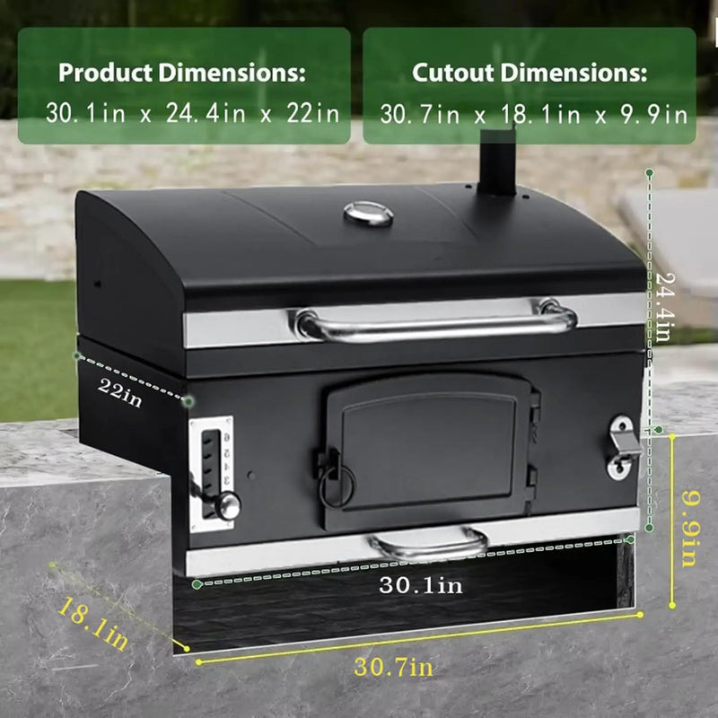 29 In Large Charcoal bbq Grills, built-in barbecue grill with Liftable Tray, Insulated Hood & Temp Gauge, black Stainless Steel Charcoal BBQ barrel Grill for Outdoor Kitchen Camping park style by GreenHaven Gardens