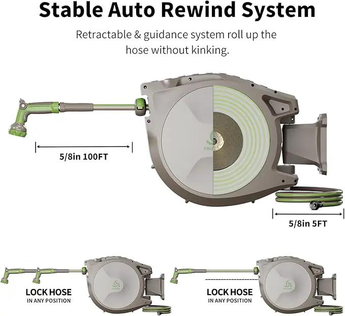 PINWHEEL 5/8in 100FT Retractable Garden Hose Reel, Automatic Retractable Hose with 10-Pattern Spray Nozzle, 180° Swivel Bracket, 3-Layer PVC Durable Water Hose for Yard Lawn Care (100 FT) by GreenHaven Gardens