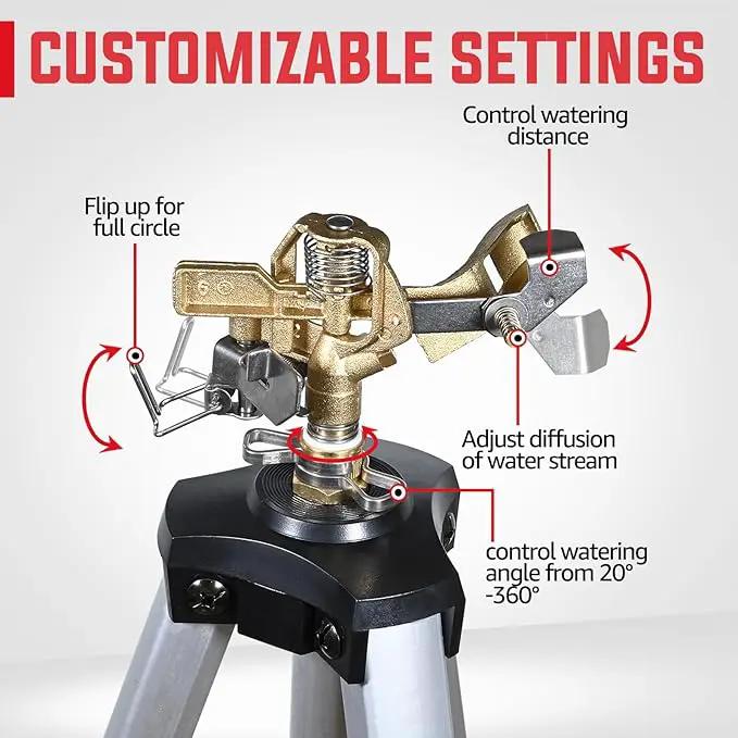 YAMATIC Impact Sprinkler on Adjustable Tripod Base, 360 Degree Large Area, Heavy Duty Adjustable Pulsator Sprinkler for Lawn, Yard and Grass Irrigation, Spray up to 20-90ft(Brass Head) by GreenHaven Gardens