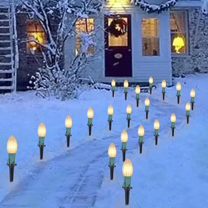 C9 Christmas Lights Outdoor, 4 Packs Total 102.8 Ft 80 Bulbs Christmas Pathway Lights, Waterproof Walkway Lights for Outside Driveway Sidewalk Outdoor Christmas Decorations Yard, Clear by GreenHaven Gardens
