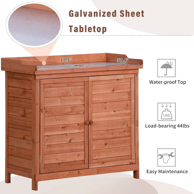 Merax Outdoor 39" Potting Bench Table, Rustic Garden Wood Workstation, Storage Cabinet with 2-Tier Shelves and Side Hook, Orange by GreenHaven Gardens
