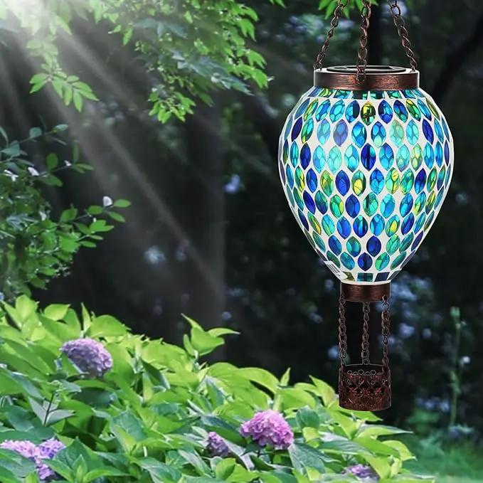 VOREEN Hot Air Balloon Solar Lantern, Mosaic Solar Outdoor Hanging Wind Light, Waterproof, Patio Festive Decor, Easter Gifts for Mom Father Grandma, Blue by GreenHaven Gardens
