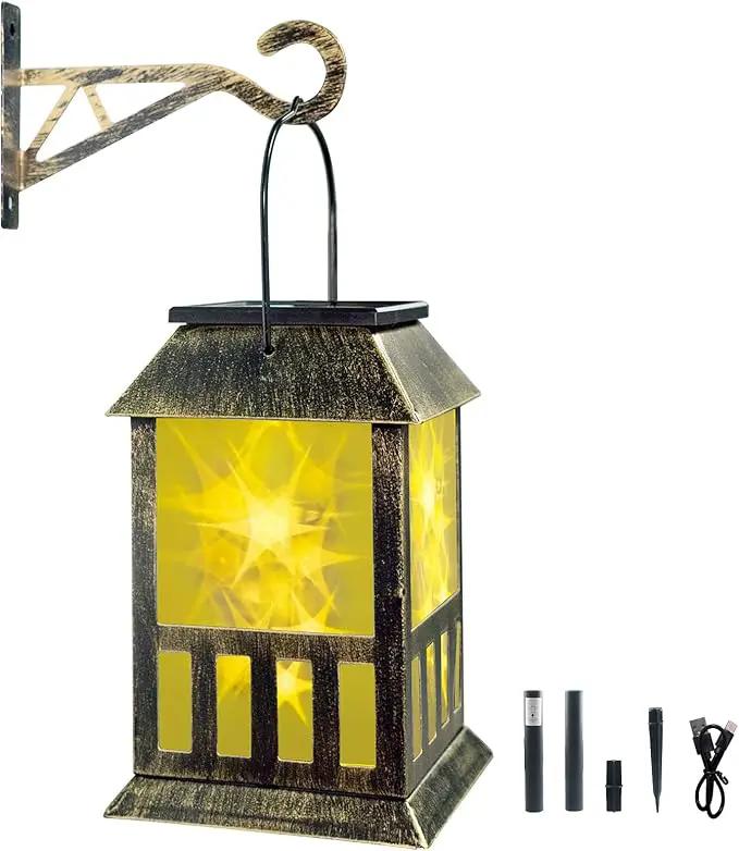 Solar Lanterns Outdoor Waterproof, Pathway Lights with 3D Lighting Effect, Solar & USB C Charging, Metal Garden Decor Hanging Lights for Landscape Yard Patio Lawn Driveway, Warm Light 1 Pack by GreenHaven Gardens