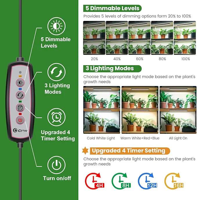 Wolezek Grow Lights for Indoor Plants, 210 LEDs Full Spectrum Plant Grow Light Strips with Upgared 4/8/12/16H Auto Timer, 13.8 Inches Bright Grow Lamp Bar for Plant Shelves and Cabinet, 2 Pack by GreenHaven Gardens