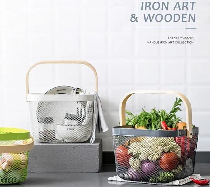 Metal Mesh Steel Basket, Storage Organizer Basket Multi-functional Hanging Kitchen Baskets Fruit Basket with Wooden Handle for Kitchen Bathroom Picnic Shopping Decor Cabinet Home, Grey by GreenHaven Gardens